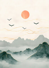 Misty Mountain Landscape with Birds and Sunrise