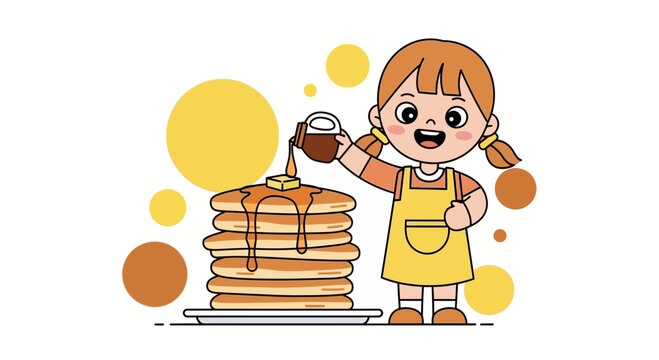Joyful Girl Pours Syrup Over Stacked Pancakes, Delicious Breakfast Meal