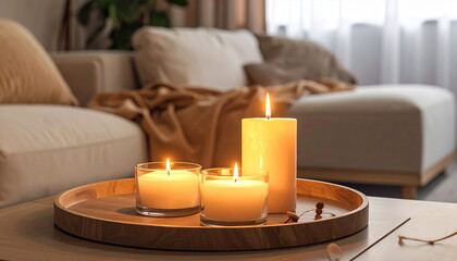Cozy Living Room with Burning Candles and Warm Light Ambiance