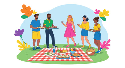 Fototapeta premium Joyful Gathering: Friends Sharing Food And Laughter During An Afternoon Picnic Together