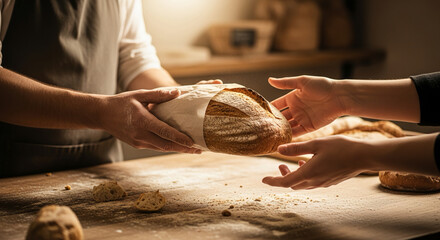 Hands passing fresh baked sourdough bread from baker to customer in cozy bakery