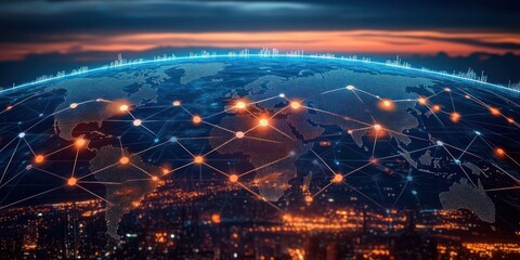 Digital glowing global network connections over world map showing technology and communication links at sunset