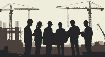 Construction workers in silhouette collaborate on a blueprint with cranes towering in the background, illustrating teamwork and architectural planning.