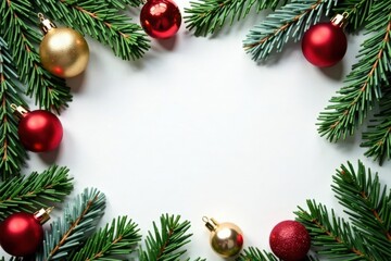 Elegant Christmas & New Year composition Fir branches, ornaments, empty square frame White backdrop , copy space, template