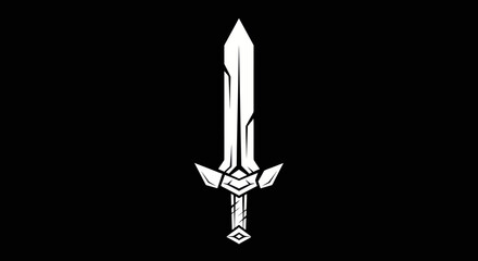 Stylized white sword on black background, use for logo or graphic design, symbol of strength in darkness