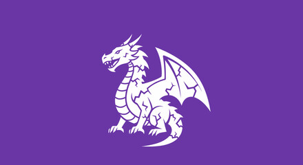 White dragon illustration sitting, on a purple background, for fantasy themed material