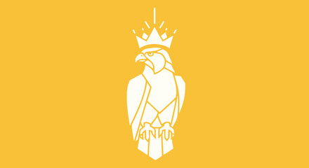 Geometric eagle wears crown on yellow. Can use as logo. Background plain yellow