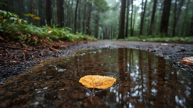 Close-up view of a yellow leaf floating on a puddle along a forest path, surrounded by tall trees and mist, reflecting the peaceful and reflective atmosphere of a quiet woodland after rain