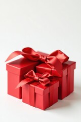 Fototapeta premium Red gift boxes with shiny bows, Christmas theme Isolated on white , isolated background, xmas