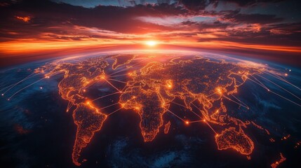 Glowing illuminated world map viewed from space with interconnected networks and bright city lights under a vibrant sunset sky