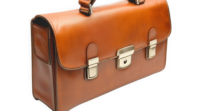 A close up shot of a tan leather briefcase with silver clasps against a  transparent background