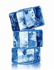 Obraz premium Stack of Three Blue Ice Cubes Isolated on White Background Reflective Surface