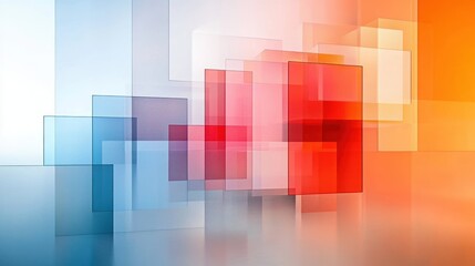 Abstract composition of translucent overlapping rectangles in shades of blue, red, and orange against a soft gradient background conveying modernity and depth