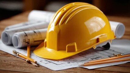 Blueprint for Construction: A vibrant yellow hard hat rests atop architectural blueprints, symbolizing planning and precision in the construction industry.