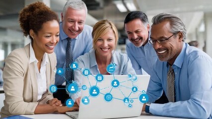 Team Collaboration in Business: A diverse group of business professionals gathers around a laptop screen, collaborating and sharing ideas. - Powered by Adobe