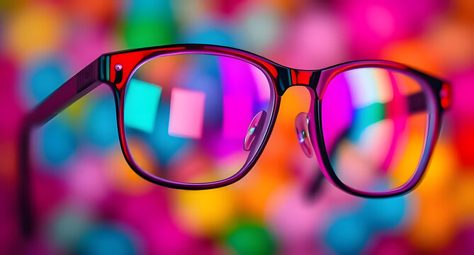 A striking, close-up image of a pair of stylish, dark-framed modern glasses. The lenses display intense rainbow-colored reflections (magenta, cyan, pink, yellow) from the brightly blurred background.