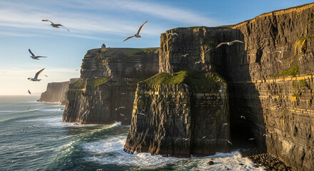 Cliffs of moher, a majestic coastal landscape with seabirds soaring against a clear sky, showcasing the natural beauty and grandeur of ireland