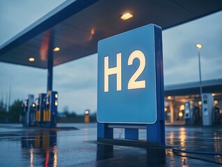 Illuminated blue hydrogen fuel station sign with fuel pumps under canopy on wet reflective surface during dusk