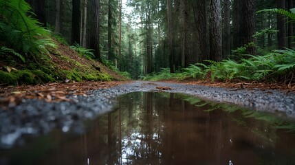 Obraz premium Serene forest pathway with a puddle reflecting tall trees and green foliage, creating a peaceful, natural, and meditative woodland atmosphere after rainfall