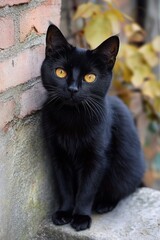 Curious black cat with striking golden eyes sitting calmly against a textured brick wall with blurred autumn foliage background