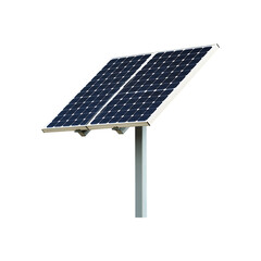 Two dark blue solar panels mounted on a light gray pole angled upwards against a black background isolated on transparent background