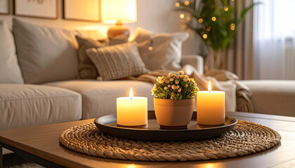 Cozy Living Room with Burning Candles and Warm Light Ambiance