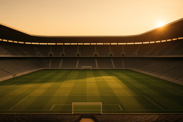 Empty football stadium at sunset with warm sunlight and perfect green field, peaceful atmosphere