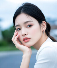 A young woman with dark hair styled in a low ponytail rests her chin on her hand, wearing a white top and small earrings, outdoors with a soft-focus background.