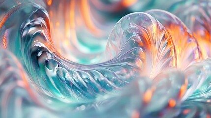Close-up of translucent swirling glass-like abstract shapes with iridescent turquoise and warm orange lighting creating a fluid and dynamic texture