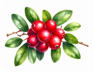 Watercolor Illustration of Vibrant Red Cranberries with Green Leaves on White Background