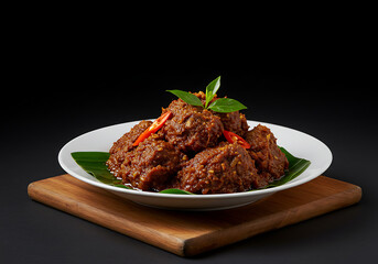 Fototapeta premium A plate of delicious beef rendang garnished with chili and basil leaves, served on a banana leaf.