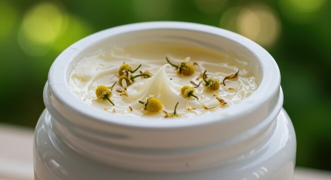Chamomile infused cream a natural beauty elixir in white jar, green bokeh background