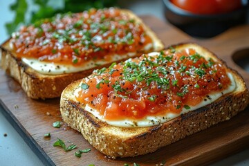 Two slices of multigrain toasted bread topped with creamy spread, fresh tomato salsa, and sprinkled green herbs on a wooden cutting board