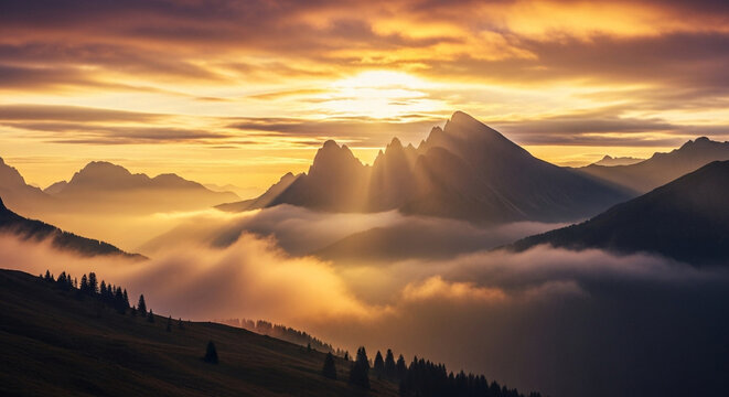 Dramatic sunset over mountain peaks with clouds and sun rays, creating a breathtaking vista of natural beauty and serene tranquility - Powered by Adobe