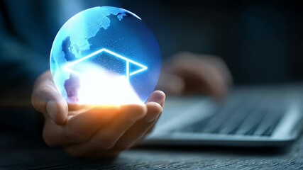 Hand Holding Illuminated Globe with Graduation Cap Icon and Blurry Laptop Background Online Education Concept In Blue and White Tone - Powered by Adobe