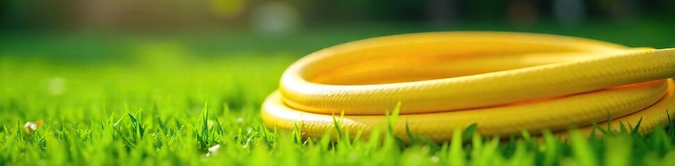 Vibrant Yellow Garden Hose Coiled on Lush Green Lawn, Ready for Watering in Sunny Sunlight