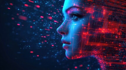 Profile of a digital human face with glowing red circuitry integrated into blue skin, representing futuristic technology and artificial intelligence, exuding a sense of focus and contemplation