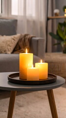 Cozy Living Room with Burning Candles and Warm Light Ambiance