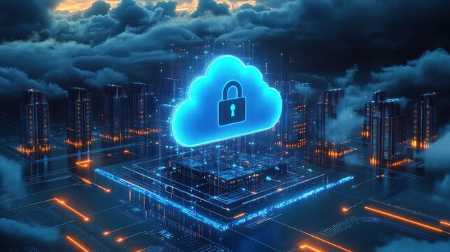 Glowing blue cloud icon with lock symbol floating over futuristic cityscape and digital circuit platform under cloudy sky at dusk
