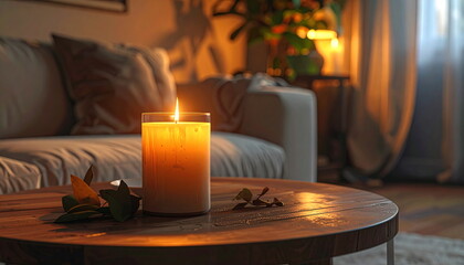 Cozy Living Room with Burning Candles and Warm Light Ambiance