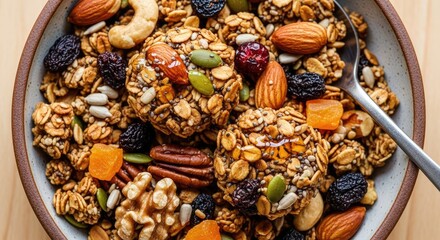 Fototapeta premium A bowl of granola with nuts, seeds, dried fruits, and honey.