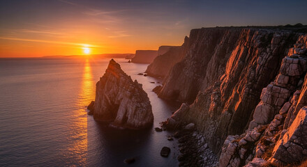 A stunning sunset over the rocky cliffs of brittany, france, with the sun reflecting on the water and creating a golden glow on the landscape