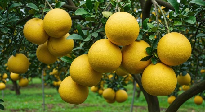 Pomelo abundance a cluster of ripe citrus fruits hanging from the tree branches