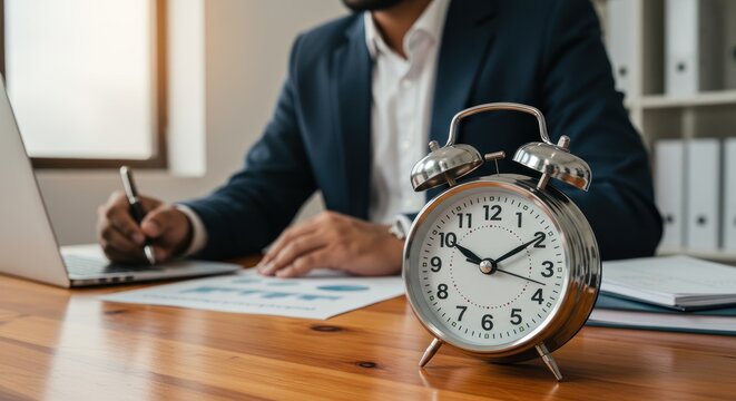 Person working at desk with laptop documents and a clock in foreground.