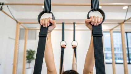 Pilates young woman reformer machine hands gripping rings in studio showing strength and focus