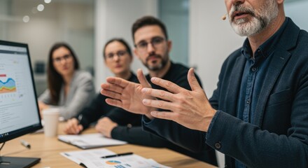 Business meeting with team members looking at a computer screen with graphs.