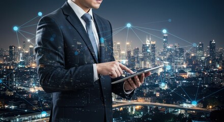 Businessman uses tablet city skyline background network connections abstract technology.