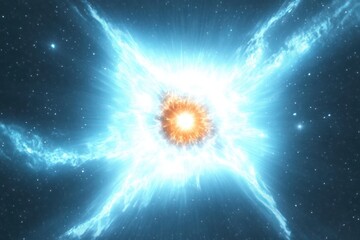 Bright cosmic explosion with radiant blue and white light beams emanating from an intense glowing core surrounded by starry space, evoking awe and wonder