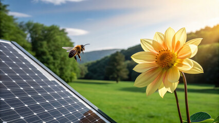 Renewable energy solar microgrid field bee and yellow flower basking in sunlight creating harmonious eco friendly scene