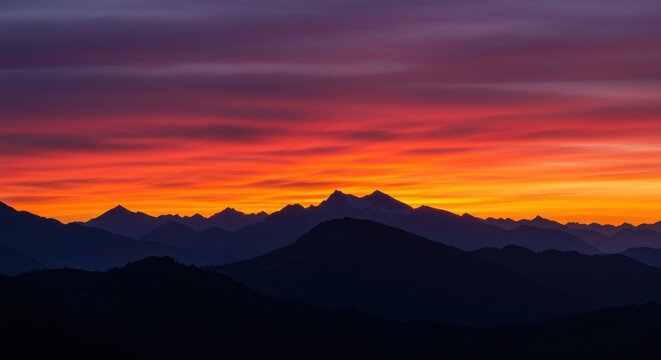 Fiery sunset over layered mountain silhouettes, vibrant orange and purple sky